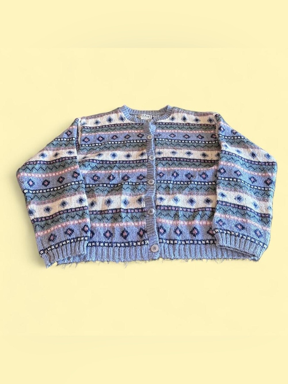 Vintage LL Bean Mohair Blend Fair Isle Cardigan Gray Blue Pink Women’s XL